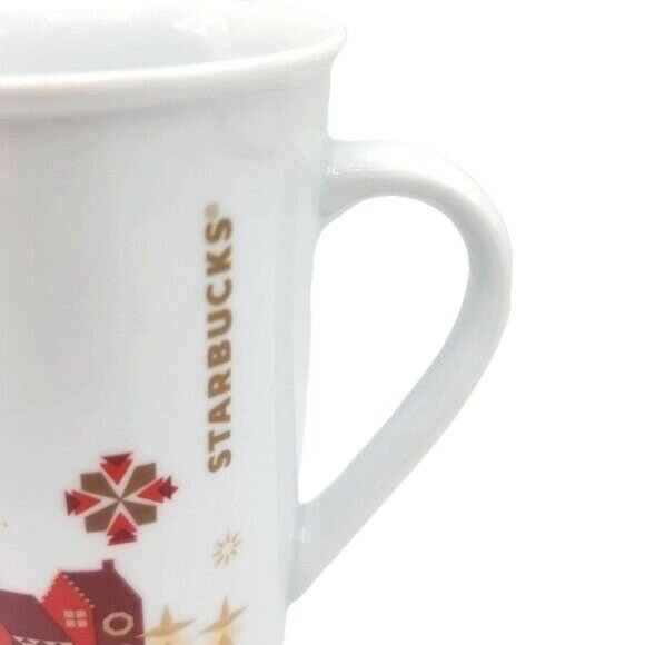 Starbucks Snowflakes Holiday Mug White 12oz 4.75" Red Houses Trees Christmas - Picture 2 of 10
